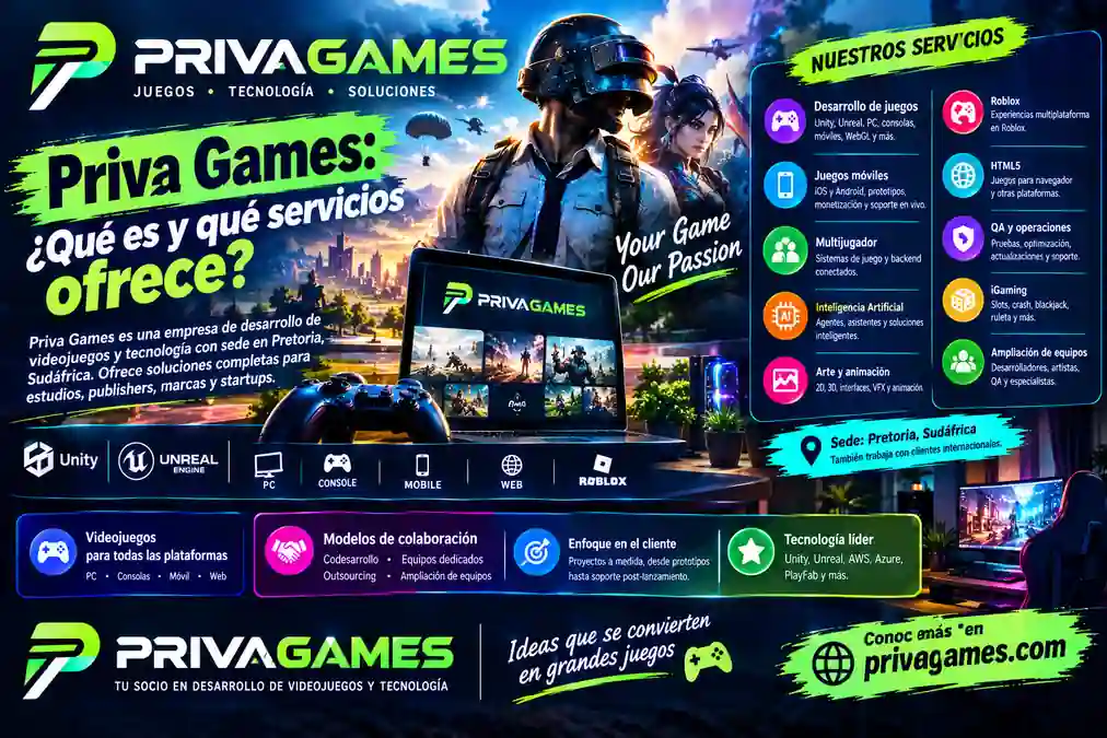Privi Games: qué es Priva Games y qué servicios ofrece Si has buscado “Privi Games”, los resultados actuales apuntan principalmente a Priva Games, una empresa de desarrollo de videojuegos y tecnología con sede en Pretoria, Sudáfrica. En su sitio web oficial, la compañía se presenta como una empresa de desarrollo de videojuegos de ciclo completo que trabaja con estudios, publishers, marcas, startups y otros equipos de producto. El nombre es importante porque “Privi Games” no parece ser el nombre oficial de la empresa en los principales resultados actuales. La compañía utiliza el nombre Priva Games, y su perfil de LinkedIn también aparece bajo ese nombre y enlaza con privagames.com. ¿Qué es Priva Games? Priva Games es una empresa de desarrollo de videojuegos y tecnología que trabaja en diferentes etapas del ciclo de producción, desde prototipos iniciales y desarrollo hasta control de calidad y operaciones posteriores al lanzamiento. Entre sus capacidades declaradas se encuentran el desarrollo con Unity y Unreal Engine, juegos móviles, proyectos para PC y consolas, HTML5, Roblox, sistemas multijugador, inteligencia artificial, arte para videojuegos, animación e iGaming. La empresa se posiciona principalmente como un socio de desarrollo, en lugar de ser simplemente una plataforma para consumidores donde los usuarios pueden jugar a una colección de videojuegos. En otras palabras, una persona que busca Priva Games probablemente está intentando conocer una empresa que desarrolla videojuegos y tecnología relacionada, no un sitio web convencional para jugar. ¿Qué servicios ofrece Priva Games? Priva Games presenta una amplia gama de servicios que cubren diferentes áreas del desarrollo de videojuegos y tecnología. Área Servicios que Priva Games ofrece Desarrollo con Unity Juegos para móviles, PC, consolas, WebGL y XR Desarrollo con Unreal Juegos de alta fidelidad, simulación, sistemas de juego y arte técnico Juegos móviles Desarrollo para iOS y Android, prototipos, monetización y operaciones en vivo PC y consolas Desarrollo completo y producción específica para plataformas Roblox Experiencias multiplataforma dentro de Roblox HTML5 Juegos para navegador y otras plataformas Multijugador Sistemas de juego multijugador, backend y servicios conectados Inteligencia artificial Flujos de trabajo y soluciones basadas en IA Arte y animación Arte 2D, 3D, interfaces, efectos visuales y animación QA y operaciones en vivo Pruebas, optimización, lanzamientos, actualizaciones y soporte posterior iGaming Slots, juegos crash, juegos instantáneos, juegos de mesa y plataformas Ampliación de equipos Desarrolladores, artistas, especialistas en QA, IA, DevOps y otros perfiles Estas capacidades aparecen descritas en las diferentes páginas de servicios del sitio oficial de la empresa. ¿Priva Games es un estudio de videojuegos o una empresa de outsourcing? Es ambas cosas. Priva Games se describe como un estudio de desarrollo de videojuegos y tecnología de ciclo completo, pero también ofrece servicios de codesarrollo, equipos dedicados, outsourcing gestionado y ampliación de equipos. Esta distinción es importante para las empresas que buscan un socio tecnológico. Un estudio puede recurrir a Priva Games para desarrollar un proyecto completo. Una empresa que ya tiene un equipo interno también puede contratar especialistas externos para cubrir determinadas necesidades. Entre los modelos de colaboración que la empresa presenta se encuentran: Codesarrollo Equipos dedicados Outsourcing gestionado Ampliación de equipos Soporte para operaciones posteriores al lanzamiento La empresa afirma que puede incorporarse a un proyecto en diferentes etapas, incluyendo prototipado, producción y soporte posterior al lanzamiento. ¿Qué tecnologías de videojuegos utiliza Priva Games? Priva Games destaca Unity y Unreal Engine como dos de sus principales tecnologías de desarrollo en tiempo real. Su oferta de Unity cubre desarrollo con C# y producción multiplataforma para móviles, ordenadores, consolas, WebGL y XR. La empresa también indica que determinados proyectos pueden incluir la entrega del código fuente, archivos del proyecto, recursos gráficos, documentación de pruebas y otros materiales, dependiendo de las condiciones de propiedad acordadas. En cuanto a Unreal Engine, la compañía lo relaciona especialmente con juegos de alta fidelidad, simulaciones, sistemas de gameplay y arte técnico. Su ecosistema tecnológico también incluye herramientas y servicios como PlayFab, AWS, Azure, inteligencia artificial e infraestructura basada en contenedores. La tecnología concreta depende de las necesidades de cada proyecto. Esto es relevante porque el desarrollo de videojuegos rara vez depende de una sola herramienta. Un juego móvil, un título multijugador para PC y una plataforma de iGaming pueden requerir arquitecturas técnicas completamente diferentes. ¿Priva Games desarrolla juegos móviles? Sí. Priva Games ofrece servicios específicos de desarrollo móvil para iOS y Android. La compañía indica que estos servicios pueden incluir desarrollo conceptual, prototipado rápido, programación con Unity, arte y animación, monetización, control de calidad, preparación para el lanzamiento y operaciones posteriores. Su proceso de desarrollo móvil se organiza en términos generales alrededor de cuatro etapas: Descubrimiento Prototipo Producción Lanzamiento y operaciones posteriores También contempla sistemas habituales de los juegos móviles, como modelos free to play, publicidad, compras dentro de la aplicación, progresión, recompensas y analítica. Esto significa que su oferta móvil no se limita a programar el videojuego. También puede cubrir distintas actividades necesarias para convertir un concepto en un producto comercial. ¿Priva Games desarrolla juegos de casino e iGaming? Sí. El iGaming es una de las áreas que la empresa presenta explícitamente entre sus servicios. Priva Games indica que trabaja en productos como: Juegos de slots Juegos crash Juegos instantáneos Blackjack Ruleta Baccarat Póker Plataformas de apuestas deportivas Plataformas de predicción Plataformas y tecnologías relacionadas con gaming Su oferta de iGaming está dirigida a operadores, publishers, agregadores y proveedores tecnológicos. Esta área es importante porque demuestra que Priva Games no se concentra exclusivamente en videojuegos tradicionales de entretenimiento. Su oferta también abarca tecnología para el sector del iGaming. ¿Priva Games desarrolla juegos para Roblox? Sí. Roblox aparece específicamente entre las capacidades de desarrollo de la empresa. El desarrollo para Roblox puede implicar mucho más que crear las mecánicas básicas de un juego. La experiencia del usuario, las características de comunidad, las limitaciones de la plataforma, la monetización y el contenido continuo también pueden influir en el desarrollo. Por eso, la experiencia específica con Roblox puede ser relevante para una empresa que quiera crear una experiencia comercial dentro de esa plataforma. ¿Priva Games ofrece servicios de inteligencia artificial? Sí. La empresa cuenta con una oferta específica de desarrollo de inteligencia artificial y también presenta la IA como parte de su ecosistema tecnológico. Priva Games describe soluciones relacionadas con agentes de IA, asistentes, sistemas de visión y herramientas predictivas. Esto significa que su oferta de IA no se limita necesariamente a utilizar herramientas generativas para producir recursos de videojuegos. La empresa también presenta la inteligencia artificial como una tecnología que puede integrarse en productos y procesos empresariales. ¿Cuántas personas trabajan en Priva Games? Las cifras públicas disponibles no son completamente consistentes, por lo que conviene distinguir entre el tamaño corporativo publicado y la capacidad de equipo disponible para proyectos. LinkedIn clasifica actualmente a Priva Games dentro de la categoría de empresas de 11 a 50 empleados. Por otro lado, la información comercial de la empresa indica que puede proporcionar equipos de más de 100 especialistas para determinados proyectos. Estas dos cifras no deberían interpretarse como equivalentes. La segunda parece referirse a la capacidad de recursos que puede ofrecer para proyectos, mientras que la clasificación de LinkedIn se refiere al tamaño de la empresa. ¿Dónde está ubicada Priva Games? Priva Games indica una dirección en: 782 Justice Mohamed, Pretoria, 0002, Sudáfrica. La compañía también se presenta como un proveedor que trabaja con clientes internacionales. Su información pública describe profesionales dedicados a diferentes áreas, incluyendo desarrollo, gestión de proyectos, diseño de videojuegos, análisis empresarial, liderazgo técnico, experiencia de usuario y arte. ¿Qué diferencia a Priva Games de un estudio tradicional? Una de las principales diferencias que aparece en el posicionamiento de la empresa es la combinación de desarrollo de videojuegos y servicios de tecnología y outsourcing. Un estudio tradicional puede concentrarse principalmente en desarrollar y publicar sus propios videojuegos. Priva Games, en cambio, se presenta como un socio que puede trabajar en proyectos de clientes y proporcionar recursos especializados en diferentes disciplinas. Este modelo puede resultar relevante para empresas que: Tienen una idea de videojuego pero no cuentan con un equipo interno completo. Necesitan desarrolladores adicionales de Unity o Unreal. Quieren crear un prototipo antes de invertir en una producción completa. Necesitan apoyo en arte, animación o arte técnico. Requieren servicios de QA. Necesitan ampliar temporalmente su equipo. Buscan experiencia específica en desarrollo de iGaming. Necesitan especialistas externos en inteligencia artificial o ingeniería de software. El modelo más apropiado depende del alcance, la tecnología, los requisitos de propiedad intelectual, el calendario y las capacidades internas del cliente. ¿Qué deberías comprobar antes de contratar a Priva Games? La lista de servicios de una empresa muestra lo que afirma poder ofrecer, pero no demuestra por sí sola que sea la opción adecuada para un proyecto concreto. Antes de firmar un acuerdo de desarrollo, conviene aclarar varios puntos. 1. Portafolio relevante Solicita ejemplos que se parezcan realmente a tu proyecto en género, plataforma, tecnología y complejidad. La experiencia en juegos móviles, por ejemplo, no necesariamente equivale a experiencia en un proyecto multijugador complejo para PC. 2. Composición del equipo Averigua quién trabajará realmente en el proyecto. Pregunta por desarrolladores, diseñadores, artistas, especialistas de QA, productores y responsables técnicos. Es más útil conocer la composición del equipo asignado que evaluar únicamente las capacidades generales de la empresa. 3. Propiedad y código fuente Aclara quién será propietario del código fuente, los recursos gráficos, la documentación, los sistemas de compilación y la propiedad intelectual después de la entrega. Priva Games indica que determinados proyectos de Unity pueden incluir la transferencia de materiales del proyecto y recursos, según las condiciones de propiedad acordadas. Sin embargo, los derechos concretos deben quedar establecidos en el contrato correspondiente. 4. Proceso de desarrollo Comprende cómo se gestionan los requisitos, las entregas, las pruebas, las aprobaciones y los cambios. Esto es especialmente importante cuando un equipo externo participa en una parte importante de la producción. 5. Soporte posterior al lanzamiento Pregunta qué ocurre después de publicar el producto. Las correcciones de errores, actualizaciones de plataformas, nuevos contenidos, optimización y operaciones en vivo pueden convertirse en una parte importante del ciclo de vida de un videojuego. 6. Seguridad y confidencialidad Si el proyecto contiene tecnología propia, conceptos de videojuegos aún no publicados o información empresarial sensible, revisa los acuerdos de confidencialidad, los procedimientos de seguridad, los controles de acceso y la gestión del código fuente. 7. Condiciones comerciales No compares propuestas únicamente por la tarifa por hora. Una comparación más útil considera el alcance, la experiencia del equipo, las responsabilidades de entrega, los riesgos técnicos y el coste total esperado del proyecto. ¿“Privi Games” y “Priva Games” son la misma empresa? La evidencia disponible actualmente indica que Priva Games es probablemente la empresa a la que se refiere la búsqueda “Privi Games”. Las búsquedas del término exacto muestran principalmente resultados relacionados con Priva Games, mientras que el sitio oficial y el perfil de LinkedIn utilizan de forma consistente el nombre “Priva Games”. Por lo tanto, si estás intentando encontrar esta empresa, la denominación oficial que deberías buscar es Priva Games. Preguntas frecuentes sobre Privi Games ¿Qué es Privi Games? “Privi Games” parece ser una variante o una posible errata de Priva Games, una empresa sudafricana de desarrollo de videojuegos y tecnología. Priva Games ofrece desarrollo de videojuegos, outsourcing, ampliación de equipos, iGaming, desarrollo móvil, Roblox, inteligencia artificial, arte, QA y otros servicios tecnológicos. ¿Dónde está Priva Games? Priva Games indica que tiene su sede en Pretoria, Sudáfrica. ¿Priva Games desarrolla juegos móviles? Sí. La empresa ofrece desarrollo para iOS y Android, incluyendo prototipado, desarrollo con Unity, arte, monetización, QA y operaciones posteriores al lanzamiento. ¿Priva Games desarrolla juegos de casino? Sí. La empresa ofrece servicios de desarrollo de iGaming, incluyendo slots, juegos crash, juegos instantáneos y juegos tradicionales de mesa y cartas. ¿Priva Games trabaja con Unity? Sí. Unity es una de las principales tecnologías de desarrollo de la empresa y se utiliza para proyectos multiplataforma. ¿Priva Games utiliza Unreal Engine? Sí. Unreal Engine aparece entre sus principales servicios de desarrollo, especialmente para juegos de alta fidelidad, simulaciones, sistemas de gameplay y arte técnico. ¿Priva Games ofrece outsourcing? Sí. La empresa ofrece diferentes modelos de colaboración, incluyendo outsourcing gestionado, equipos dedicados, codesarrollo y ampliación de equipos. Conclusión Si con “Privi Games” te refieres a la empresa que aparece en los principales resultados de búsqueda, el nombre correcto es Priva Games. Priva Games es una empresa de desarrollo de videojuegos y tecnología con sede en Pretoria que trabaja en áreas como desarrollo con Unity y Unreal, juegos móviles, Roblox, multijugador, inteligencia artificial, arte, QA, operaciones en vivo e iGaming. priva-games